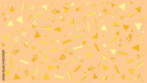 Pattern of yellow triangles, stars, and zigzags on orange background. Suitable for digital backgrounds, print designs, packaging, textiles, and branding.