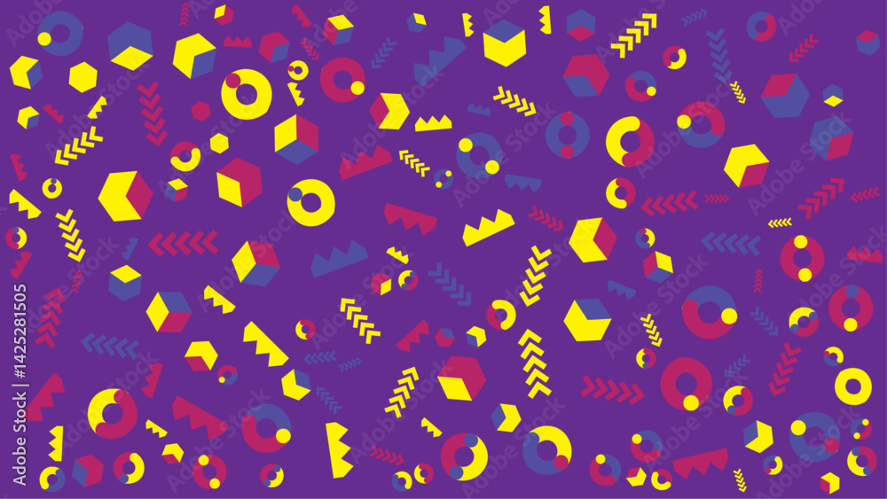 Colorful geometric shapes on a purple background create a vibrant and dynamic visual. Suitable for abstract backgrounds or modern design projects. Colorful geometric shapes on a purple background create a vibrant and dynamic visual. Suitable for abstract backgrounds or modern design projects.