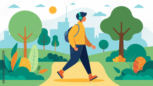 A commuter takes a detour from their usual route and walks through a park taking in the sights and sounds of nature while listening to a calming.