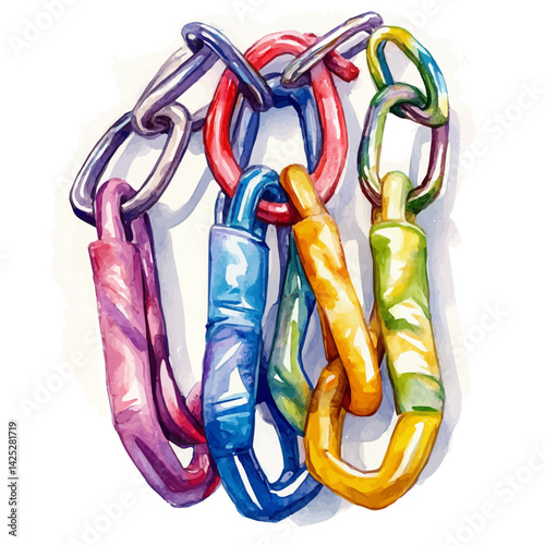 Colorful climbing carabiners clipped together, watercolor illustration, isolated on a white background.

