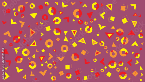 Vibrant purple backdrop with colorful geometric shapes. Suitable for digital marketing, website design, and creative presentations needing a modern touch.