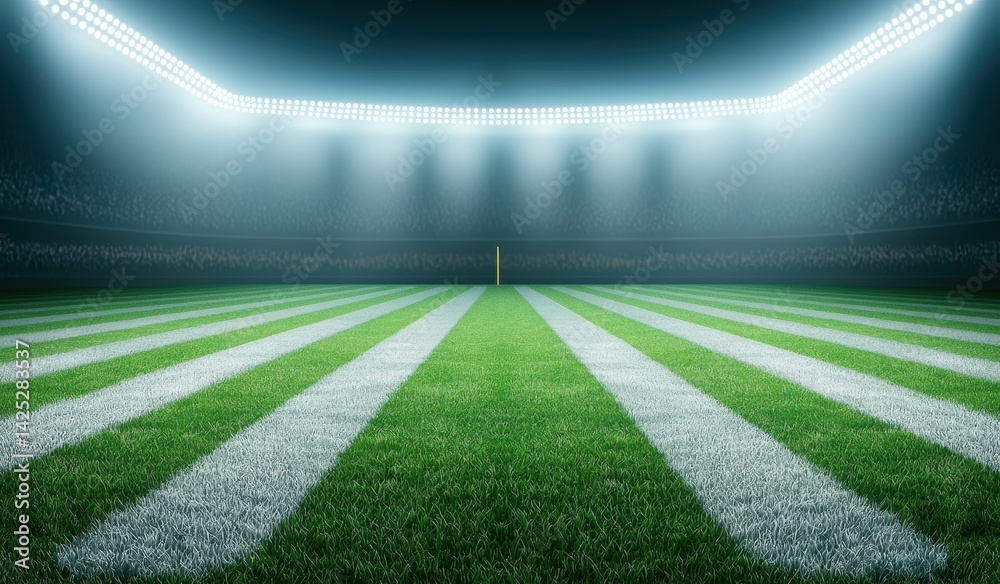 Obraz premium Lush Green Football Field Under Bright Stadium Lights at Night