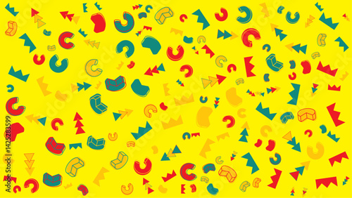 Bright yellow background with colorful geometric shapes. Suitable for vibrant designs, kids projects, abstract backgrounds, and eyecatching graphic elements.