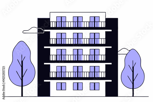 Apartment Building Vector, Urban Living Illustration, Multi-Story Housing Concept, Flat City Residence, Real Estate Tower Design