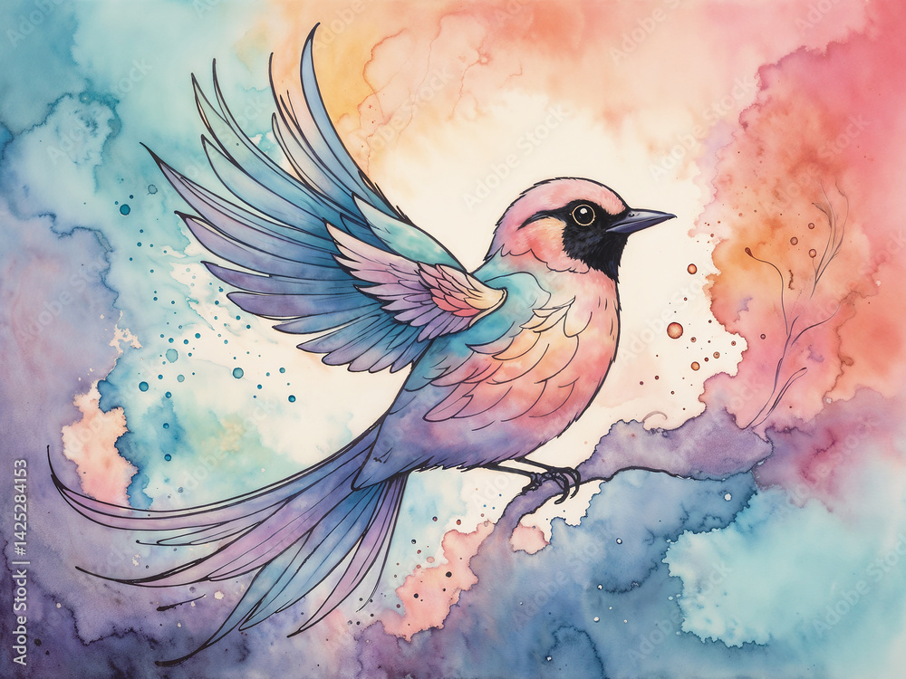 Obraz premium Abstract glow modern hand drawn pastel Illustration of a fairy tale bird colorful watercolor background