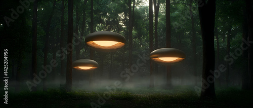 Obraz na płótnie Mysterious Floating Lights in a Foggy Forest w salonie