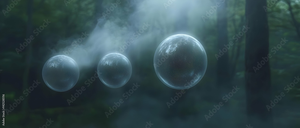 Mystical Floating Spheres in a Misty Forest