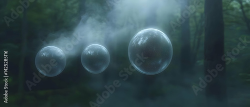 Obraz na płótnie Mystical Floating Spheres in a Misty Forest w salonie