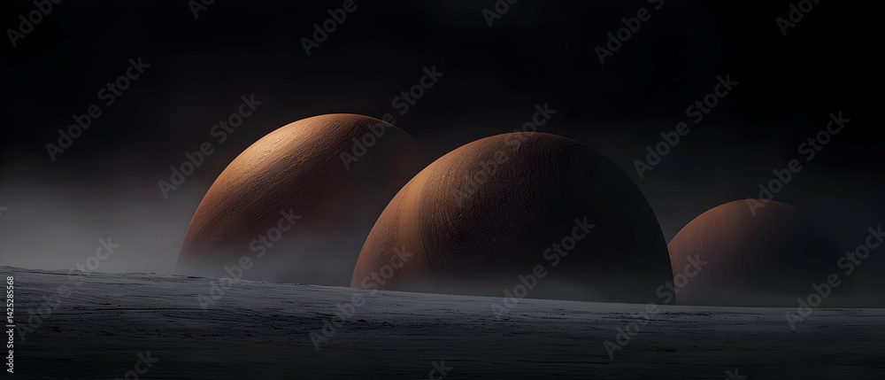 Alien landscape with three massive, smooth, rust-colored orbs