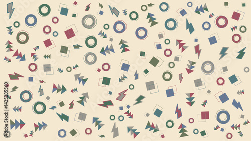 Contains a pattern of geometric shapes in different colors. Suitable for graphic design, backgrounds, prints, and abstract concepts.