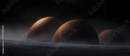 Obraz na płótnie Alien landscape with three massive, smooth, rust-colored orbs w salonie