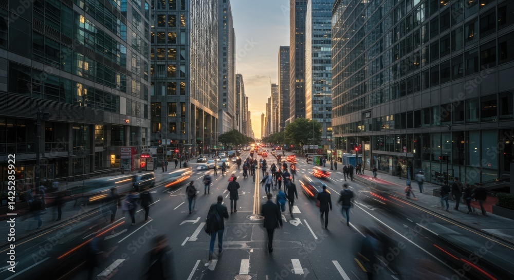 Naklejka premium During twilight in a busy urban area, pedestrians fill the crosswalks as vehicles rush by on the thoroughfare. Towering skyscrapers line both sides of the street, their glass facades reflecting the