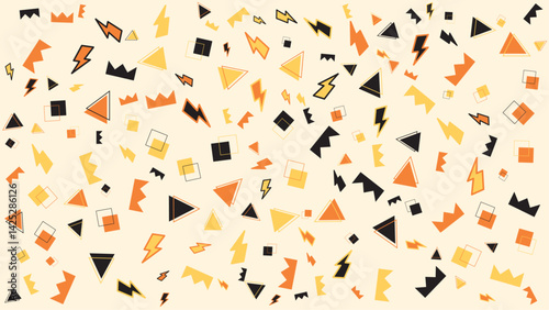 Pattern of yellow orange and black geometric shapes. Suitable for backgrounds, wallpapers, textiles, packaging, and design projects needing a bold and eyecatching pattern.