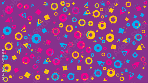 Purple background with yellow pink and blue geometric shapes. Ideal for designs targeting a youthful and energetic audience. Perfect for abstract concepts.