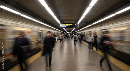 Crowds fill a bustling subway station, where people hurry along the platform amid bright overhead lights. Commuters travel in both directions, with some checking their phones or glancing at the