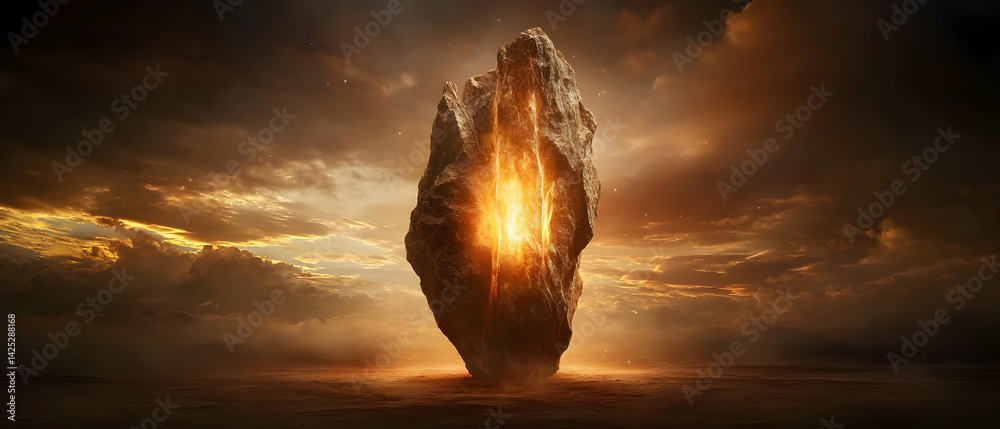 Ancient, luminous stone in a dramatic landscape