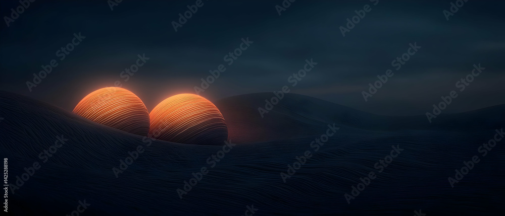 Two glowing orbs nestled in a dark landscape