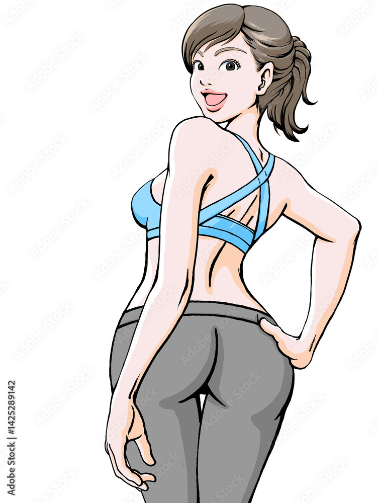 振り返る笑顔の女性_スポーツウェア_腰に手_上半身2 振り返る笑顔の女性_スポーツウェア_腰に手_上半身2