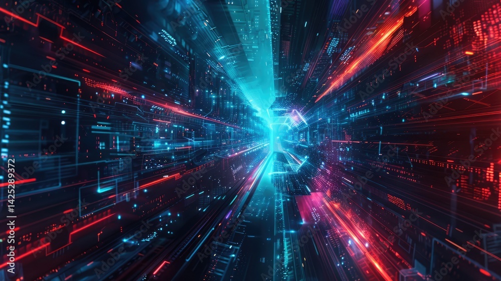 Fototapeta premium Abstract picture digital style scenery high tech building or structure with glowing fantasy neon light. Cyberpunk or cyberspace scene technology design construction and electric particle flow. AIG53.