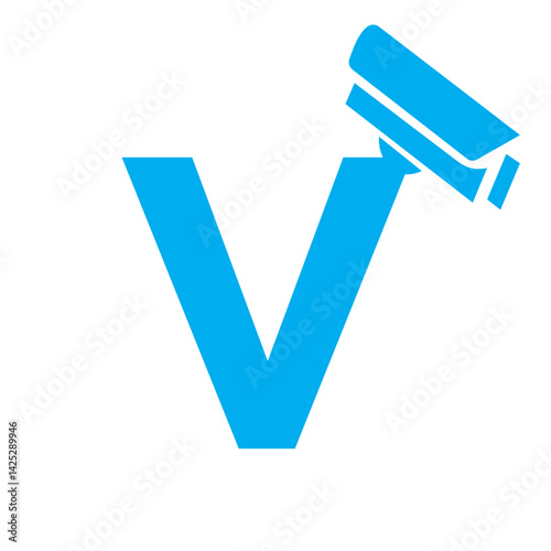Initial Letter V Security Camera Icon, CC tv Symbol Vector Template