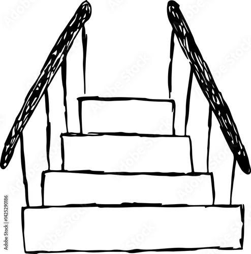 a staircase with steps and handrails leading upwards, sketch hand drawn with black curved lines