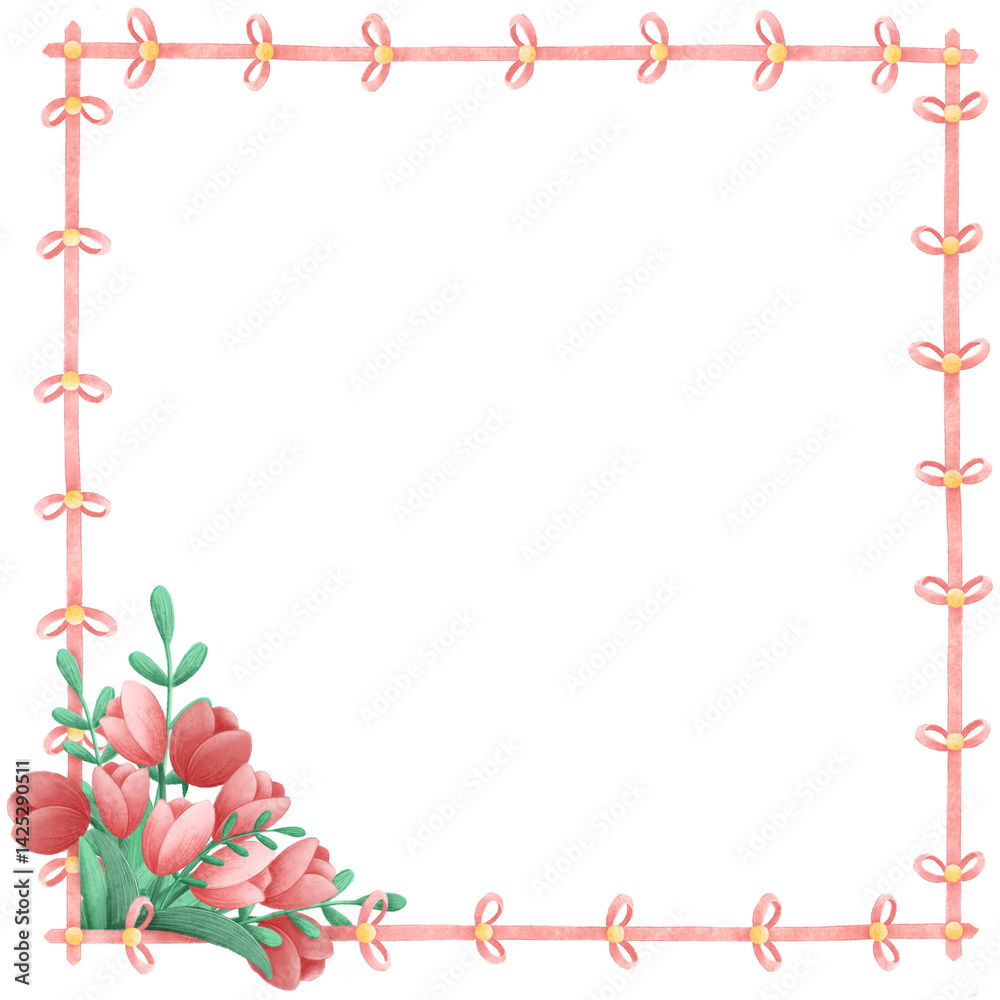 Festive ribbon frame with a bouquet of tulips.
Festive ribbon frame with a bouquet of tulips.