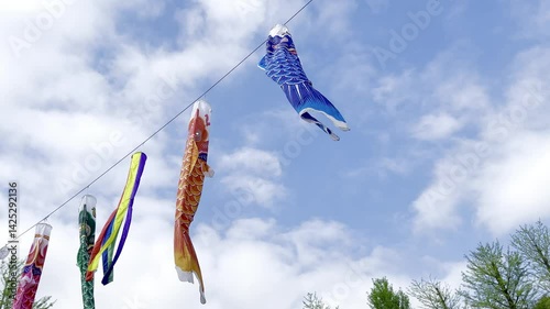 日本の空に元気に泳ぐカラフルなこいのぼり