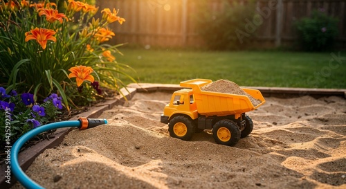 Colorful sandbox toy truck in a sunny garden setting  