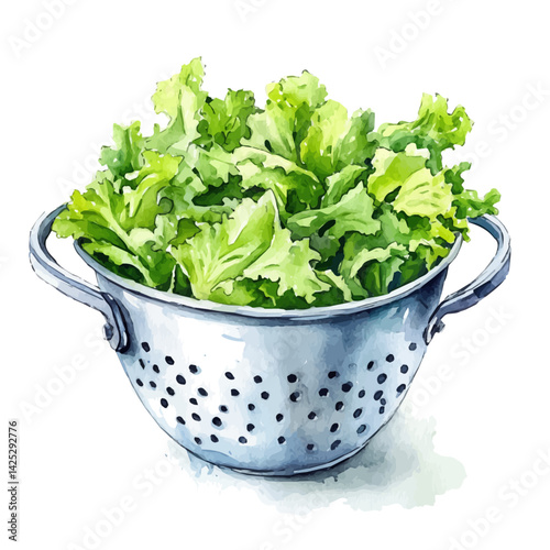 Colander with freshly washed lettuce, watercolor illustration, isolated on a white background.

