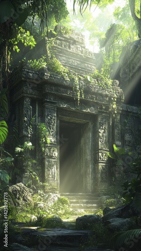 Fototapeta Naklejka Na Ścianę i Meble -  Amysterious cave entrance hidden among dense jungle vegetation, sunlight barely piercing through the thick canopy