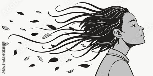 Woman with flowing hair and autumn leaves a whimsical illustration	