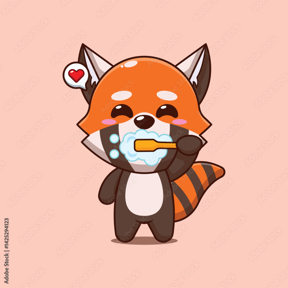 Fototapeta premium Cute red panda cartoon vector illustration brushing teeth