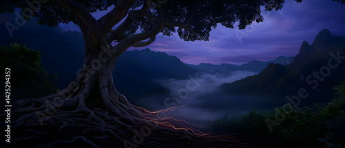 Obraz na płótnie Mystical Mountain Tree at Dawn w salonie