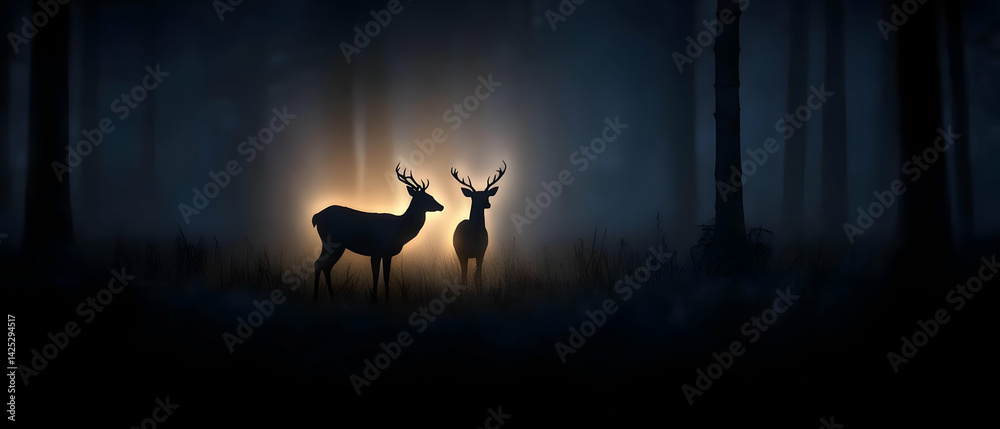 Silhouette of deer in a mystical forest