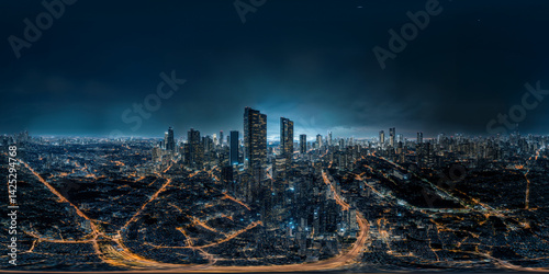Fototapeta Naklejka Na Ścianę i Meble -  night time city view v11 8K VR 360 Equirectangular Spherical Panorama