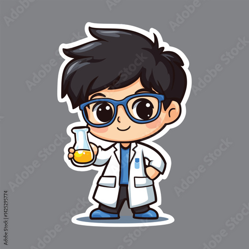 Cute Cartoon Scientist with Beaker and Glasses