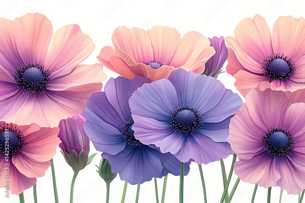 Fototapeta premium Pastel Flower Arrangement with Pink and Purple Anemones Isolated on White