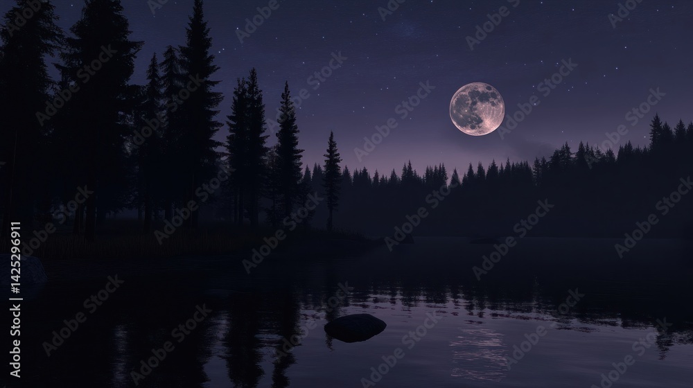 Fototapeta premium Serene Moonlit Lake in the Forest