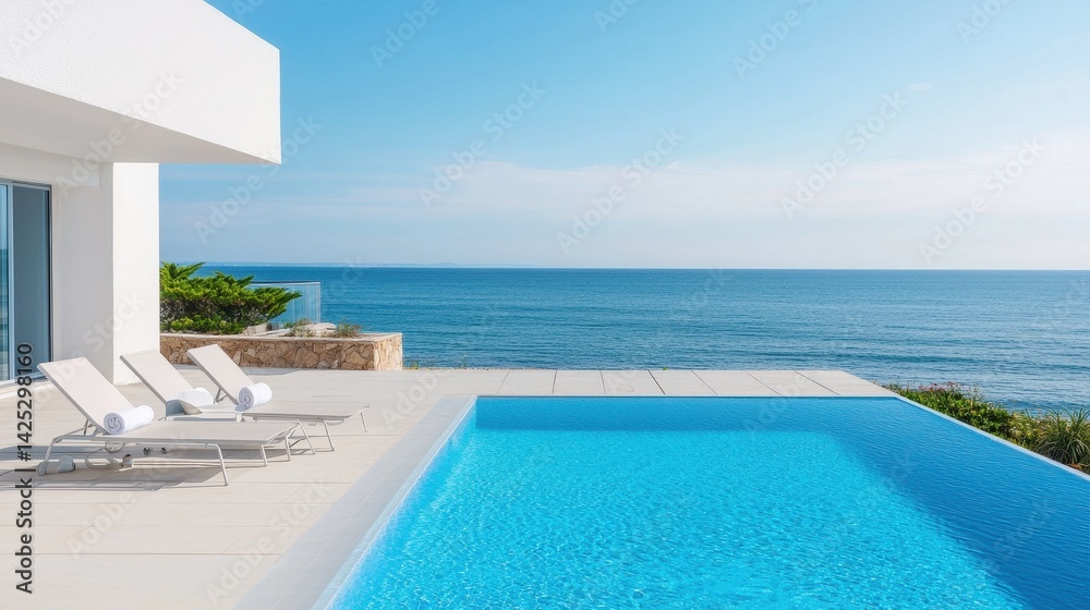 Fototapeta premium Modern Villa Pool with Ocean View and Clear Blue Sky