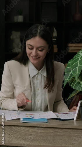 Happy female lawyer smiling and analyzing several financial documents. Young professional specialized in financial law at an office table in an office working on a resonance file