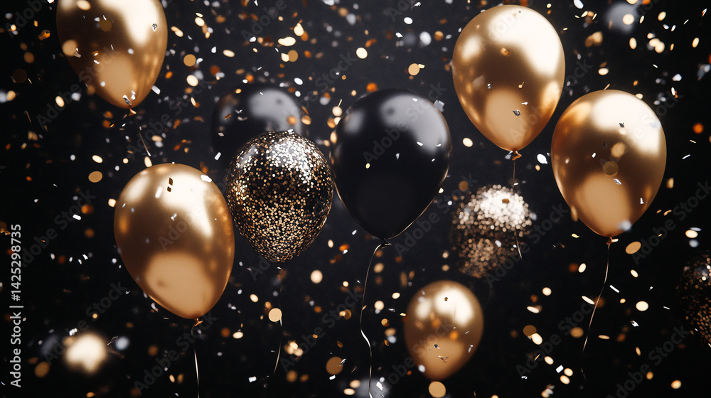 Black and gold balloons falling with confetti on a black background creating a festive scene Black and gold balloons falling with confetti on a black background creating a festive scene
