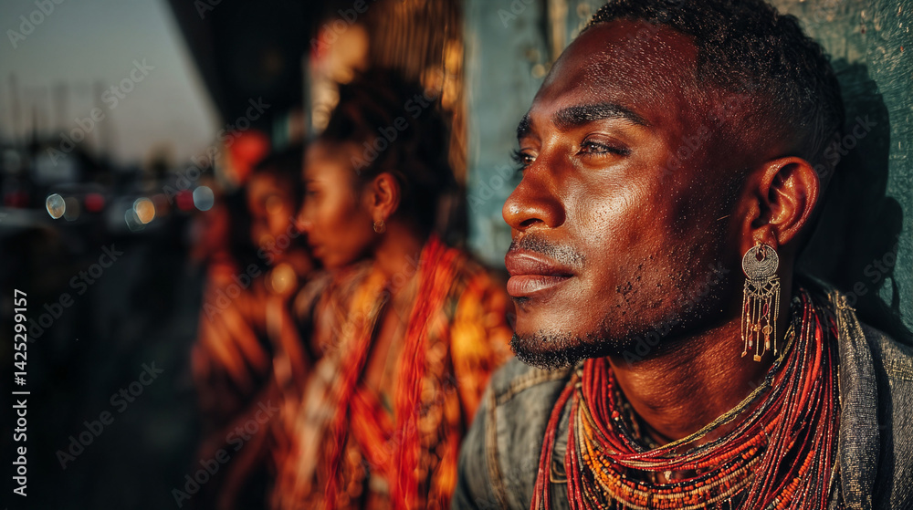 The image shows a person wearing a large, colorful beaded necklace and earrings, with a blurred background that appears to be a street or urban setting