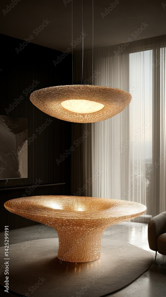 Modern, organic light fixture and table Modern, organic light fixture and table