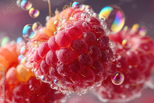 A raspberry blowing bubbles, with each bubble forming tiny fruity rainbows
