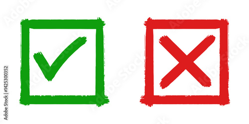 Set of flat design icons showing a green check mark and a red cross. These symbols are commonly used to represent correct vs. incorrect, approval vs. rejection, and right vs. wrong concepts.
