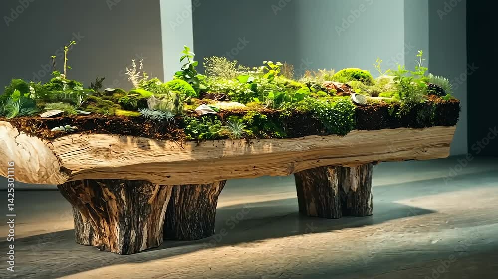 Unique piece of furniture that combines natural elements with a rustic wood design