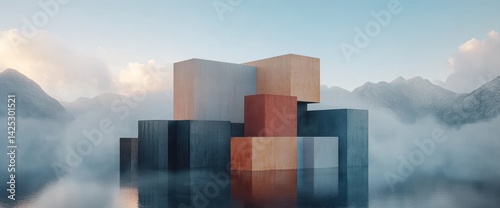 Abstract modern structure on a body of water, amidst misty mountains