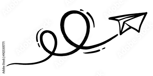 Hand drawn doodle of a flying paper plane icon. This black and white sketch style illustration is perfect for creative concepts such as freedom, travel, imagination, or communication.