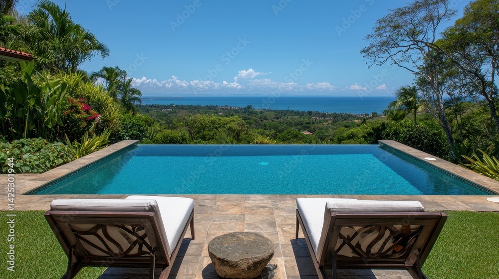 Obraz premium Luxurious Poolside View Overlooking Scenic Ocean and Greenery