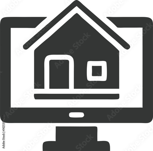 Home Icon Displayed on PC Monitor, Dark Gray House Shape, Transparent